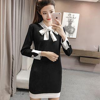 3/4-sleeve Contrast-trim Mini Knit Dress