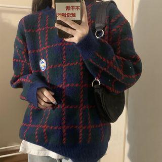 Round Neck Plaid Sweater Red & Dark Blue - One Size