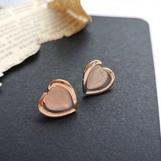Heart Cat Eye Stone Earring 1 Pair - S925 Silver Needle - Earring - Gold - One Size