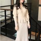 Set: Ruffle Trim Knit Pullover + Knitted Midi Skirt