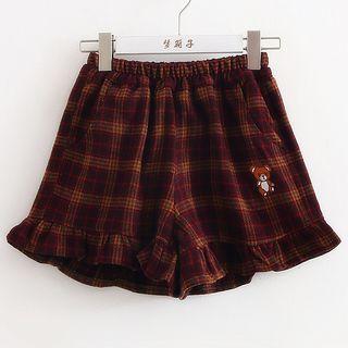 Bear Embroidered Plaid Shorts