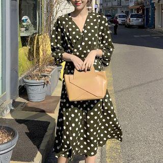 Dotted 3/4-sleeve V-neck Midi Chiffon Dress