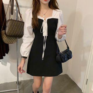 Long-sleeve Square-neck Paneled Mini A-line Dress