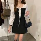 Long-sleeve Square-neck Paneled Mini A-line Dress