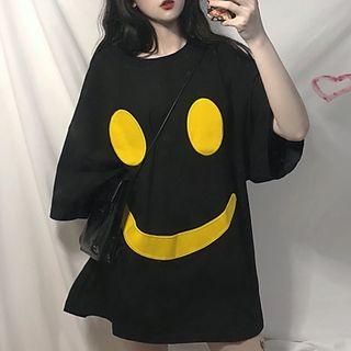 3/4-sleeve Smiley Face Print Long T-shirt