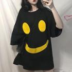 3/4-sleeve Smiley Face Print Long T-shirt