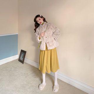 Furry Button Jacket / Midi A-line Skirt / Mock-neck T-shirt