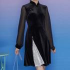 Mandarin Collar Long-sleeve Mini A-line Velvet Dress
