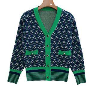 Long Sleeve Argyle Pattern Buttoned Cardigan