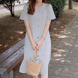 V-neck Striped Linen Blend Shirtdress With Sash