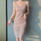 Spaghetti Strap Sequined Mesh Slit Dress