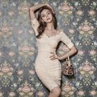 V-neck Short-sleeve Mini Sheath Lace Dress