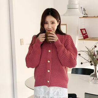 Faux-pearl Buttoned Waffle-knit Cardigan