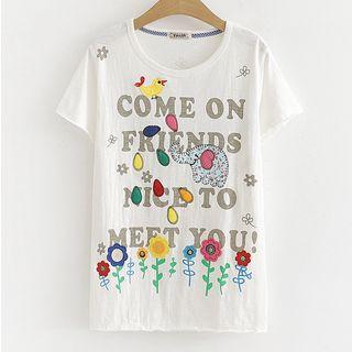 Cartoon Applique Short-sleeve T-shirt White - One Size