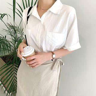 Cuffed-sleeve Dual-pocket Long Shirt