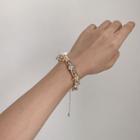 Flower Rhinestone Freshwater Pearl Alloy Bracelet White & Gold - One Size