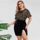 Plus Size Short Sleeve Mock Two Piece Slit Sheath Dress