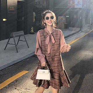 Long-sleeve Plaid Paneled Mini Mermaid Dress