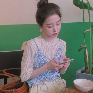 Flower Print Drawstring Camisole Top / Lace Elbow-sleeve Top