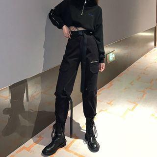 Half-zipped Cropped Sweatshirt / High-waist Cargo Pants / Belt / Set