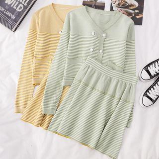 Set: Striped V-neck Cardigan + High-waist Striped Skirt