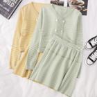 Set: Striped V-neck Cardigan + High-waist Striped Skirt