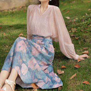 Set: Long-sleeve Sheer Blouse + Camisole Top + Midi Skirt