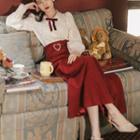 Set: Long-sleeve Lace Blouse + Faux Pearl Belted Midi A-line Skirt
