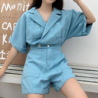 Plain Lapel Short-sleeve Denim Playsuit
