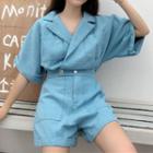 Plain Lapel Short-sleeve Denim Playsuit