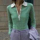 Long-sleeve Houndstooth Polo Knit Top
