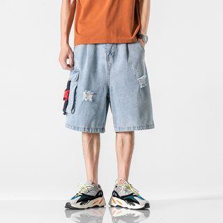 Flap-pocket Distressed Denim Straight-cut Shorts
