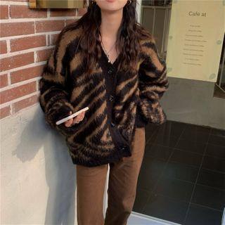 Fluffy Zebra Print Cardigan Zebra - Black & Khaki - One Size