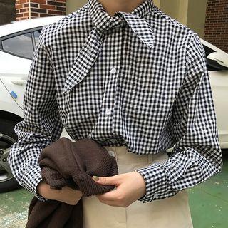 Tie-neck Gingham Shirt Ash Shown In Figure - One Size