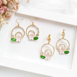 Flower & Leaf Rhinestone Hoop Earring