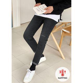 Band-washed Distressed Fleece-lined Jeans