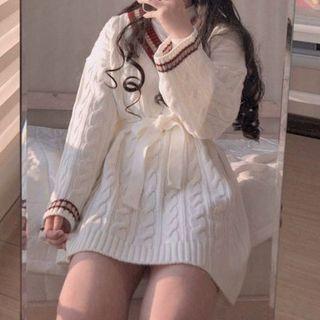 V-neck Cable-knit Dress Milky White - One Size