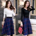 Set: Plain Knit Pullover + Plaid Midi Skirt With Belt