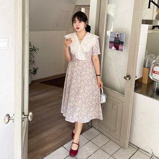 Short-sleeve Ruffled Floral Midi A-line Dress
