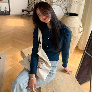 Collared Puff-sleeve Cropped Knit Cardigan