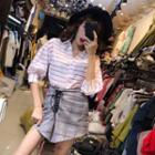 Striped 3/4-sleeve Shirt / Plaid Skort