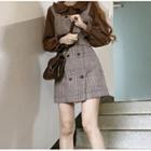 Long-sleeve Ruffle Blouse / Plaid Tie-waist Mini Dress