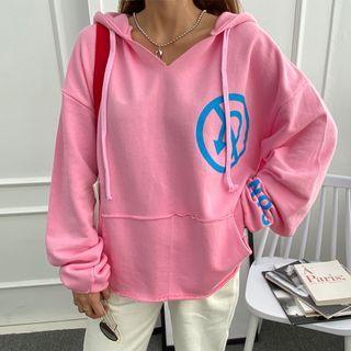 Open-placket Letter Print Hooded Top