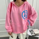 Open-placket Letter Print Hooded Top