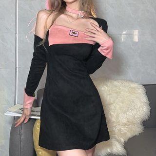 Long-sleeve Cold-shoulder Applique Mini A-line Dress