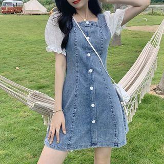 Puff-sleeve Square-neck Mini A-line Denim Skirt