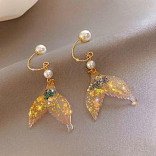 Faux Pearl Mermaid Tail Dangle Earring 1 Pair - Greenish Yellow & White & Gold - One Size