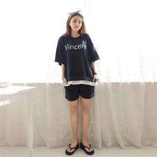 Set: Lettering Layered T-shirt + Sweat Shorts