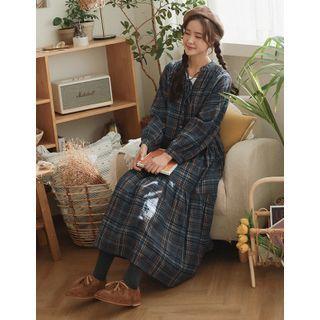 Tie-neck Plaid Tiered Maxi Dress