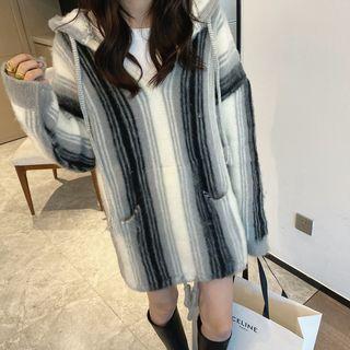 Striped Knit Hoodie Stripe - Black & Gray - One Size